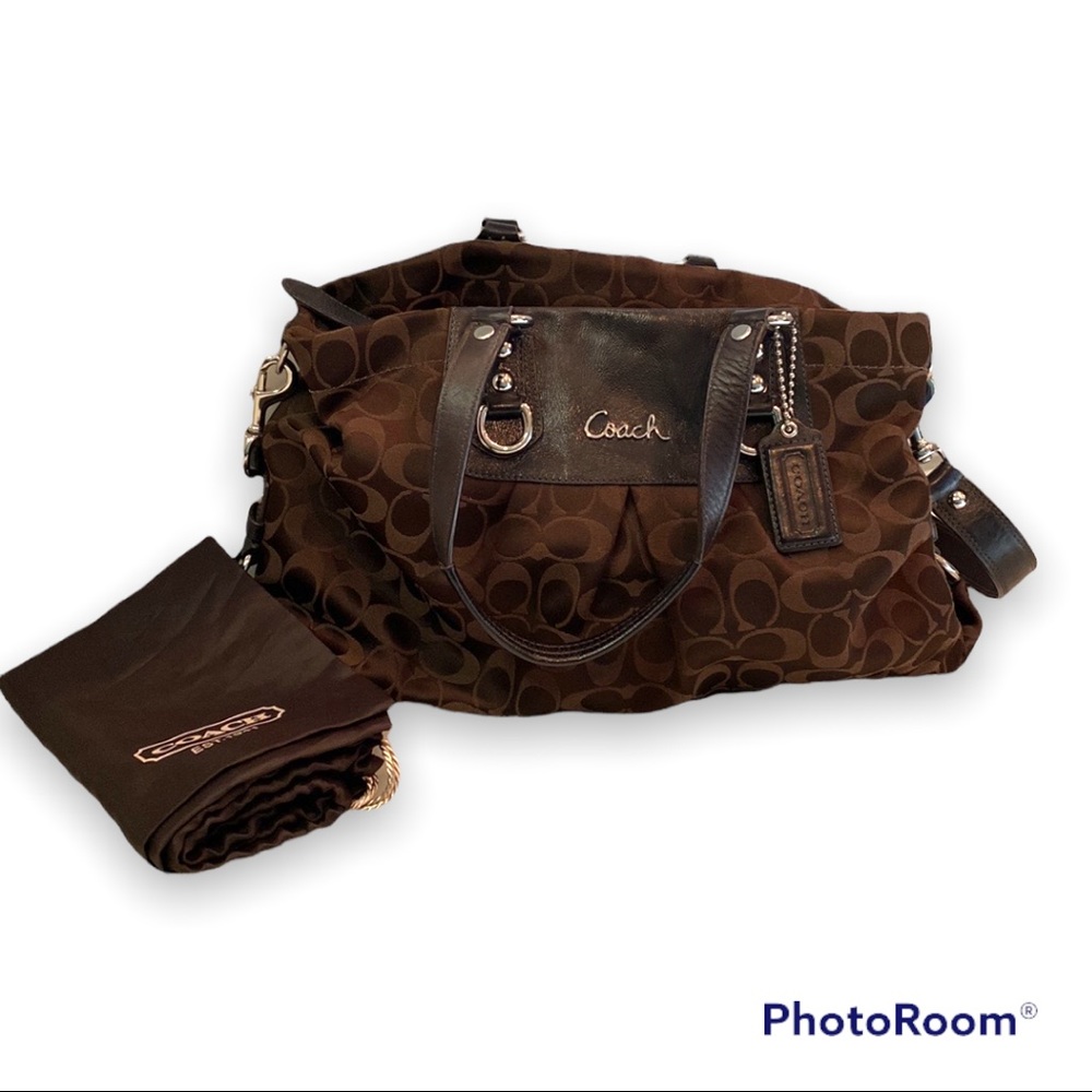 Coach purse- dark brown with hot pink interior